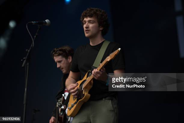 Scottish Indie rock band Neon Waltz performs on stage at APE Presents festival at Victoria Park, London on June 1, 2018.