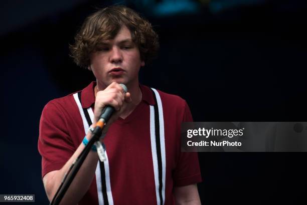 Scottish Indie rock band Neon Waltz performs on stage at APE Presents festival at Victoria Park, London on June 1, 2018.