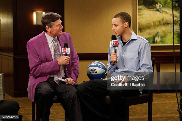 Announcer Craig Sager interviews Stephen Curry of the Golden State Warriors during NBA All-Star Media Availability as part of the 2010 NBA All-Star...