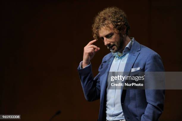 Alessandro DAvenia Italian writer, teacher and screenwriter during the conference for the 31^ International Book Fair of Turin 2018 in Turin, Italy,...