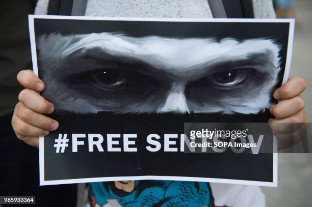 Boy holds a banner saying "Free Sentsov" during a protest demanding the release of the Ukrainian filmmaker and writer,Oleg Sentsov at the Main Square...