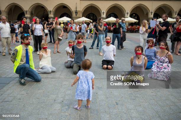Child looks to the protestors as they demand the release of the Ukrainian filmmaker and writer,Oleg Sentsov at the Main Square in Krakow. Oleg...