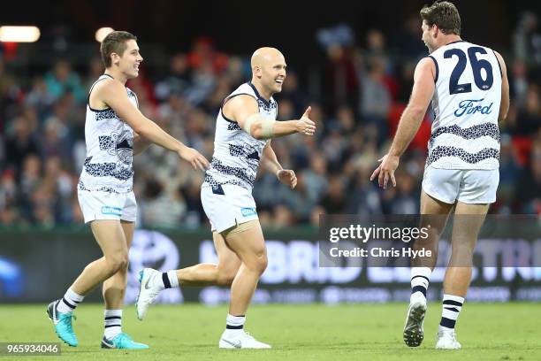 Gary Ablett of the Cats celebrates a goal during the round 11 AFL match between the Gold Coast Suns and the Geelong Cats at Metricon Stadium on June...