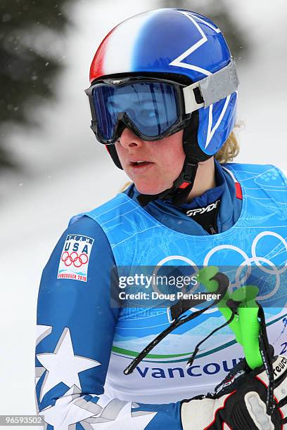 Stacey Cook of United States looks on before the Ladies Downhill training run at Whistler Creekside ahead of the Vancouver 2010 Winter Olympics on...