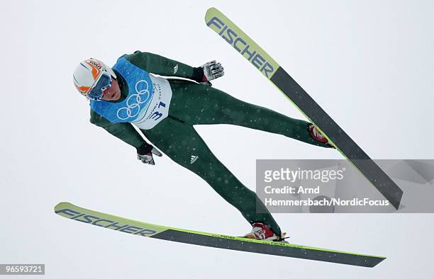 Johannes Rydzek of Germany competes during a Nordic Combined training session ahead of the Olympic Winter Games Vancouver 2010 on February 11, 2010...