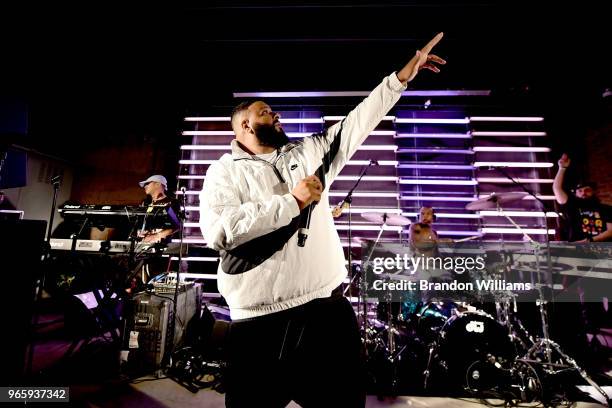 Producer DJ Khaled performs at Nick Grant's performance and meet & greet at Urban Outfitters Space 15 Twenty on June 1, 2018 in Hollywood, California.