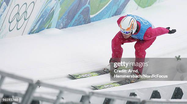 Tino Edelmann of Germany competes during a Nordic Combined training session ahead of the Olympic Winter Games Vancouver 2010 on February 11, 2010 in...