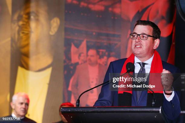 Victorian Premier Daniel Andrews speaks during The Long Walk before during the round 11 AFL match between the Essendon Bombers and the Richmond...