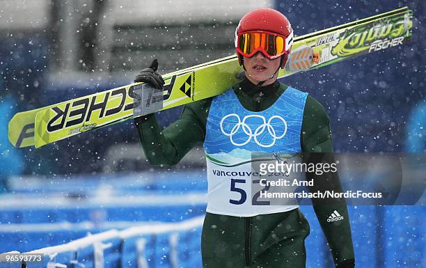 Eric Frenzel of Germany looks on during a Nordic Combined training session ahead of the Olympic Winter Games Vancouver 2010 on February 11, 2010 in...