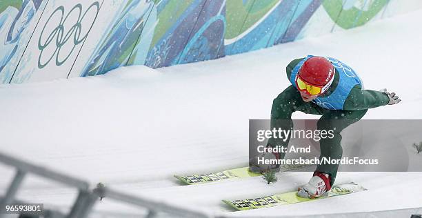 Eric Frenzel of Germany competes during a Nordic Combined training session ahead of the Olympic Winter Games Vancouver 2010 on February 11, 2010 in...