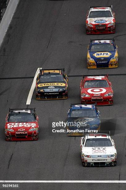 Kasey Kahne, driver of the Budweiser Ford, leads a group of cars during the second NASCAR Sprint Cup Series Gatorade Duel at Daytona International...