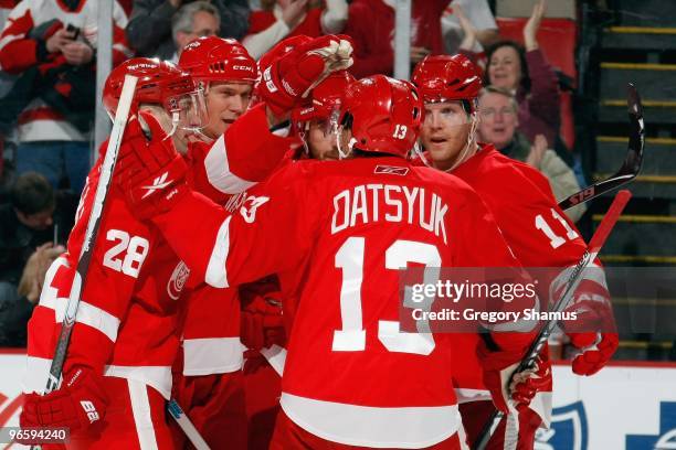 Brian Rafalski, Nicklas Lidstrom, Henrik Zetterberg, Pavel Datsyuk and Dan Cleary of the Detroit Red Wings celebrate a goal during the game against...