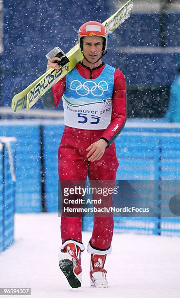 Felix Gottwald of Austria looks on during a Nordic Combined training session ahead of the Olympic Winter Games Vancouver 2010 on February 11, 2010 in...