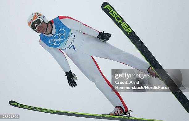 Jason Myslicki of Canada competes during a Nordic Combined training session ahead of the Olympic Winter Games Vancouver 2010 on February 11, 2010 in...