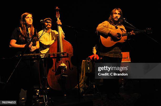 Jocie Adams, Jeff Prystowsky and Ben Knox Miller of The Low Anthem perform on stage at Shepherds Bush Empire on February 11, 2010 in London, England.