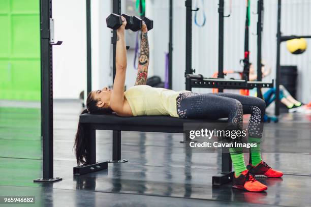 athlete lifting dumbbells while lying on bench press in gym - bench press stock pictures, royalty-free photos & images