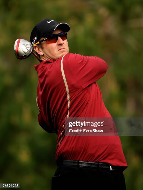 David Duval tees off on the ninth hole during the first round of the AT&T Pebble Beach National Pro-Am at at the Spyglass Hill Golf Course on...