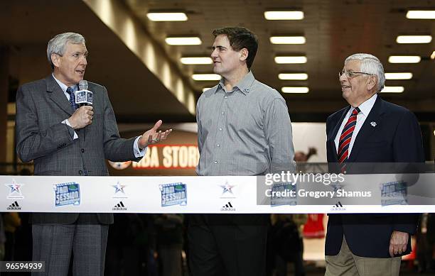 Commissioner David Stern and Mark Cuban owner of the Dallas Mavericks look on as Dallas Mayor Tom Leppert talks during the official opening of Jam...