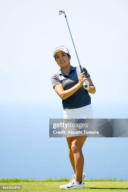 Asako Fujimoto of Japan hits her tee shot on the 14th hole during the second round of the Yonex Ladies at Yonex Country Club on June 2, 2018 in...