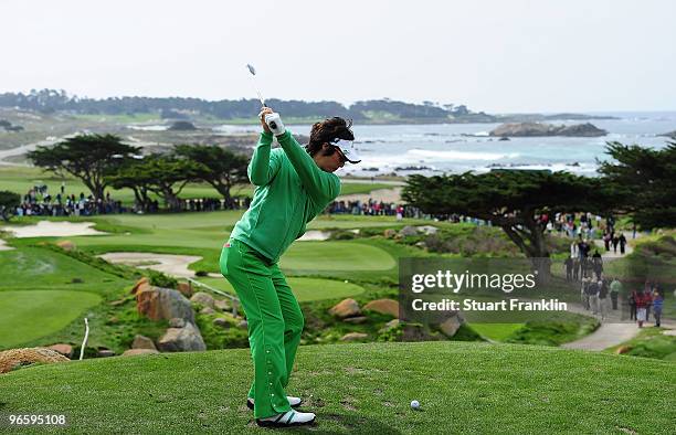 Ryo Ishikawa of Japan plays a shot on the 11th hole during round one of the AT&T Pebble Beach National Pro-Am at Monterey Peninsula Country Club...