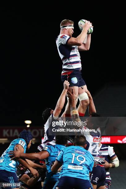 Matt Philipm of the Rebels wins lineout ball during the round 16 Super Rugby match between the Blues and the Rebels at Eden Park on June 2, 2018 in...