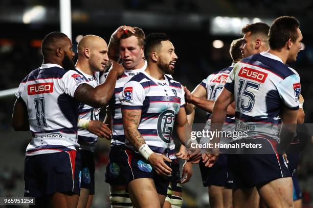 Billy Meakes of the Rebels celebrates after scoring a try during the round 16 Super Rugby match between the Blues and the Rebels at Eden Park on June...