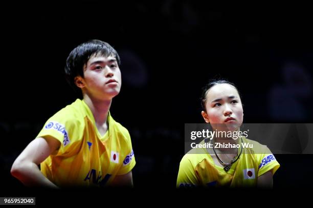 Morizono Masataka and Ito Mima of Japan in action at the mixed doubles final compete with Lin Gaoyuan and Chen Xingtong of China during the 2018 ITTF...