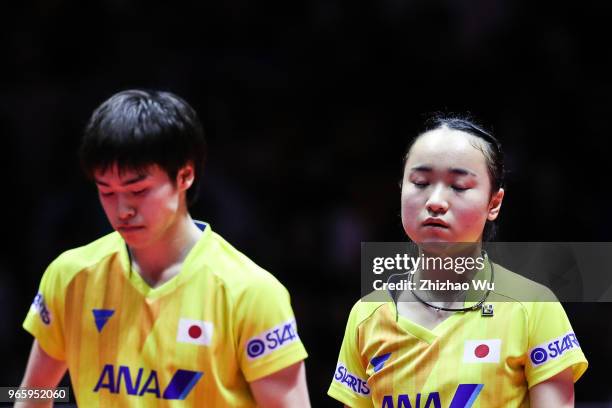 Morizono Masataka and Ito Mima of Japan in action at the mixed doubles final compete with Lin Gaoyuan and Chen Xingtong of China during the 2018 ITTF...