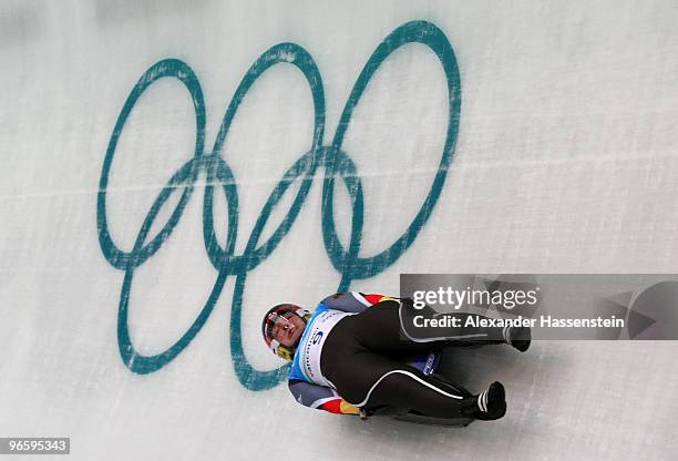 Tatjana Huefner of Germany practices during the Women's Singles Luge training run at the Whistler Sliding Centre ahead of the Vancouver 2010 Winter...