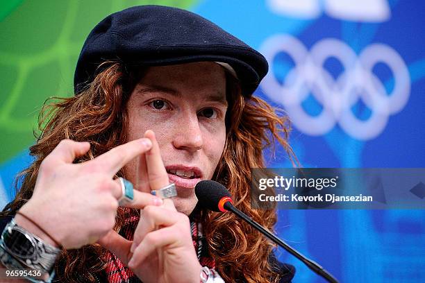 Shaun White of United States explains a trick at the United States Olympic Committee Snowboard Halfpipe Press Conference at the Main Press Centre...