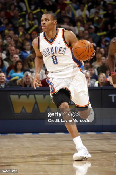 Russell Westbrook of the Oklahoma City Thunder drives the ball up court during the game against the Chicago Bulls at Ford Center on January 27, 2010...