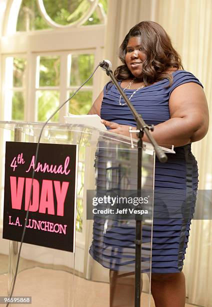 Actor Gabourey Sidibe speaks as one of the hosts at V-Day's 4th Annual LA Luncheon featuring a reading of Eve Ensler's newest work "I Am An Emotional...