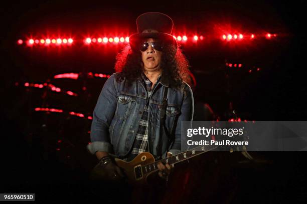 Guitarist Slash performs on stage during the Guns n' Roses 'Not In This Lifetime' tour at the MCG on February 14, 2017 in Melbourne, Australia.