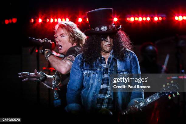 Singer Axl Rose and guitarist Slash perform on stage during the Guns n' Roses 'Not In This Lifetime' tour at the MCG on February 14, 2017 in...