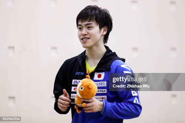 Morizono Masataka of Japan attend press conference after the mixed doubles final compete with Lin Gaoyuan and Chen Xingtong of China during the 2018...