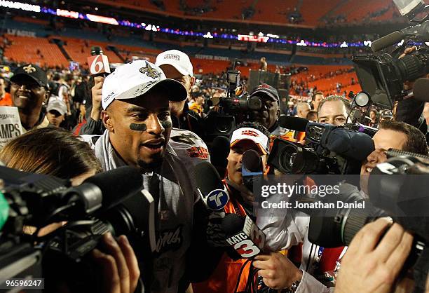 Darren Sharper of the New Orleans Saints is interviewed after defeating the Indianapolis Colts during Super Bowl XLIV on February 7, 2010 at Sun Life...