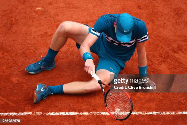 Kyle Edmund of Great Britain picks himself up off of the clay during the mens singles third round match against Fabio Fognini of Italy during day...