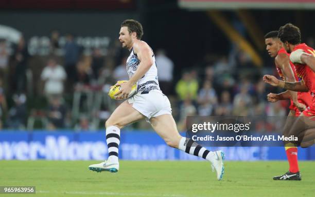 Patrick Dangerfield of the Cats in action during the round 11 AFL match between the Gold Coast Suns and the Geelong Cats at Metricon Stadium on June...