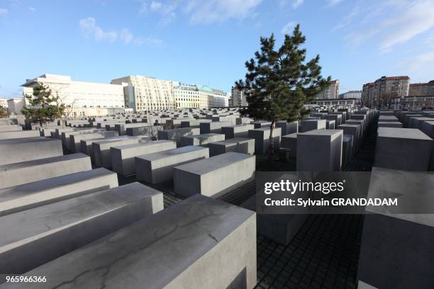 Germany, Berlin, Holocaust memorial Monument to the Murdered Jews of Europe is a field of 2,700 concrete slabs near the Brandenburg Gate, erected...