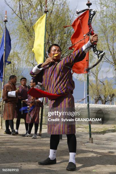 Bhutan, District of Paro, the City, men practising traditional archery with targets at 140m// Bhoutan , district de Paro, hommes se livrant au tir a...