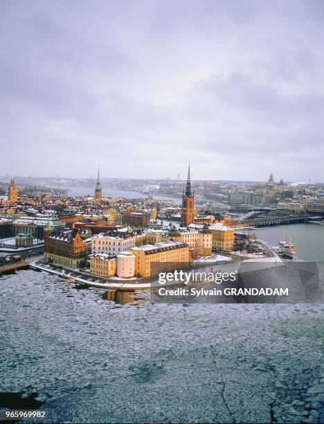 Overview on RiddarHolmen island in winter. Stockholm. Sweden.