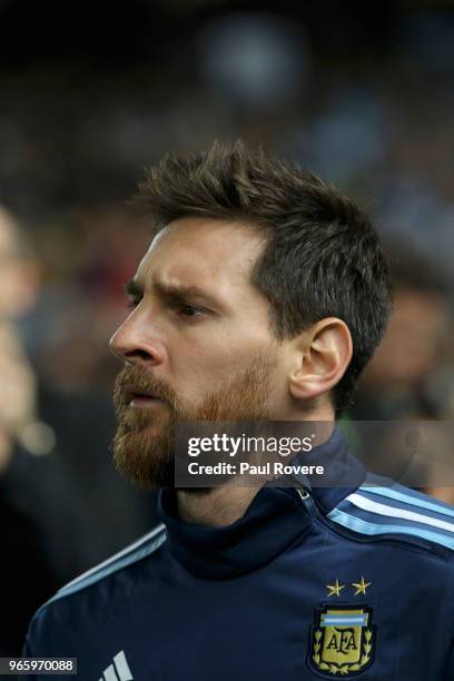 Lionel Messi of Argentina walks on to the pitch ahead of the Brazil Global Tour match between Brazil and Argentina at Melbourne Cricket Ground on...