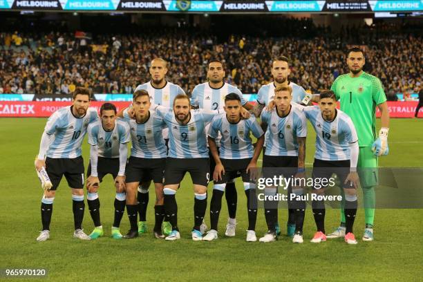 The Argentina starting team captain Lionel Messi, Angel Di Maria, Paulo Dybala, Jonatan Maidana, Gonzalo Higuain, Gabriel Mercado, Jose Gomez,...
