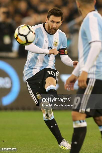 Lionel Messi of Argentina in action during the Brazil Global Tour match between Brazil and Argentina at Melbourne Cricket Ground on June 9, 2017 in...