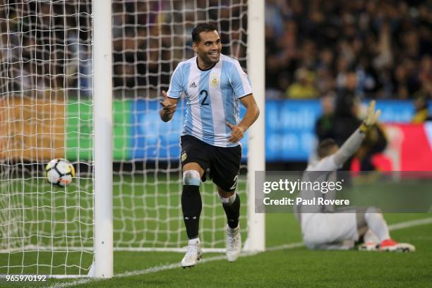 Gabriel Mercado of Argentina celebrates after scoring a goal during the Brazil Global Tour match between Brazil and Argentina at Melbourne Cricket...