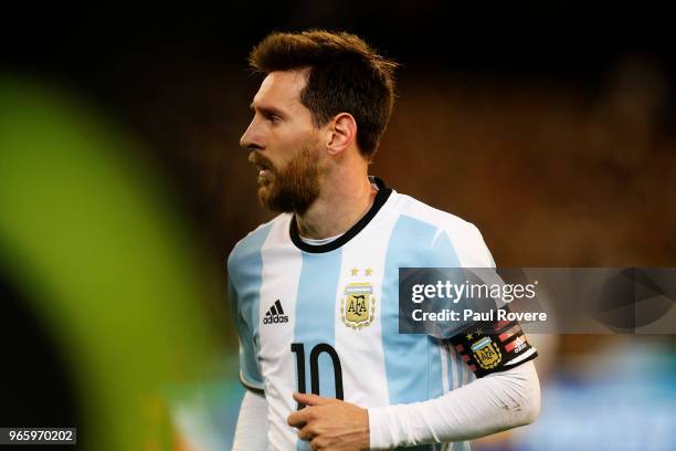 Lionel Messi of Argentina looks on during the Brazil Global Tour match between Brazil and Argentina at Melbourne Cricket Ground on June 9, 2017 in...