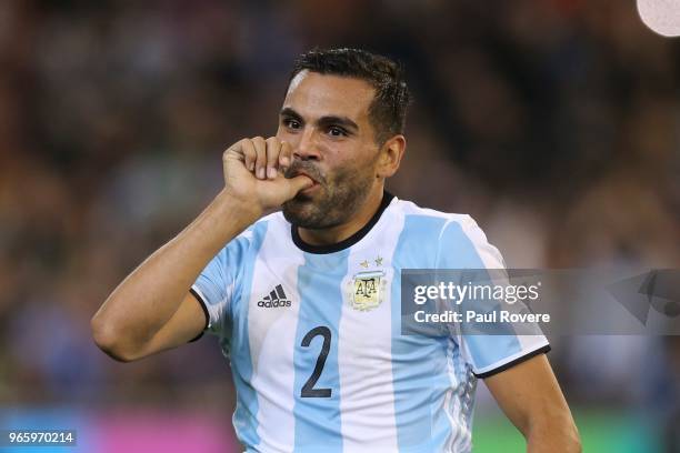 Gabriel Mercado of Argentina celebrates after scoring a goal during the Brazil Global Tour match between Brazil and Argentina at Melbourne Cricket...