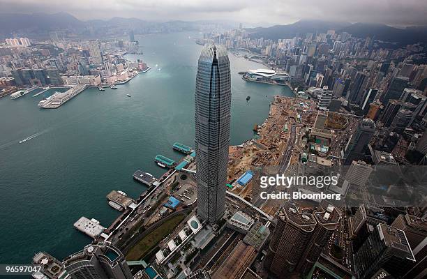 An aerial view shows Tower Two at the International Finance Centre in Hong Kong, China, on Thursday, Feb. 11, 2010. Hong Kong plans to raise stamp...