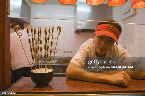 Grilled scorpions for eating. Wang Fu Jing pedestrian and commercial street at night. Beijing. Chine // Scorpions grilles a manger. La rue pietonne...