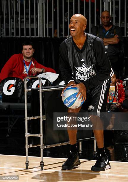 Bruce Bowen NBA Legend shoots the ball on center court at Jam Session presented by Adidas during NBA All Star Weekend at the Dallas Convention Center...